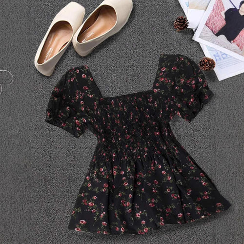 Dame bluse shirt med skulderfri pufærmer og blomsterdesign Stilla