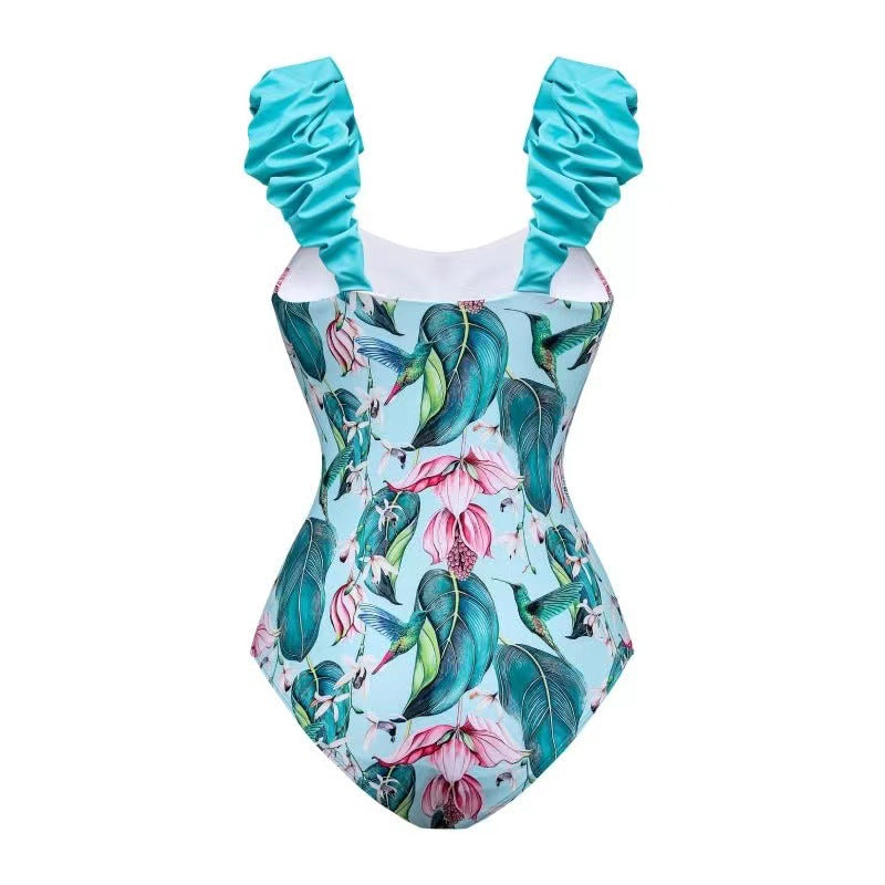 Dame one-piece badedragt med flæseret stropper og blomster mønster Stilla