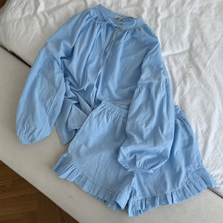 Dame Linned Shorts-Sæt med voluminøse ærmer og flæsedetaljer Stilla