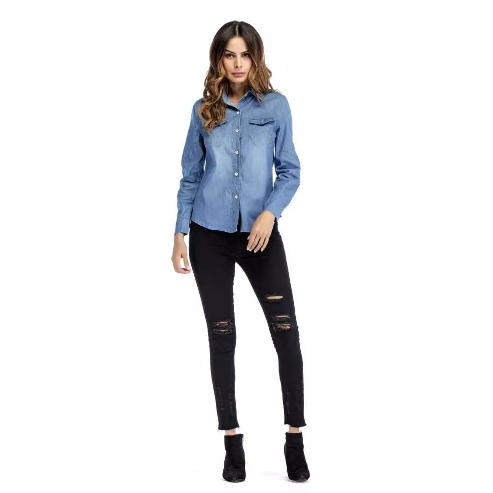 Dame Classic Denim Knap-til-Shirt Stilla