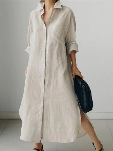 Dame Oversized Skjortekjole med side Slids og fin Linnedstruktur Stilla