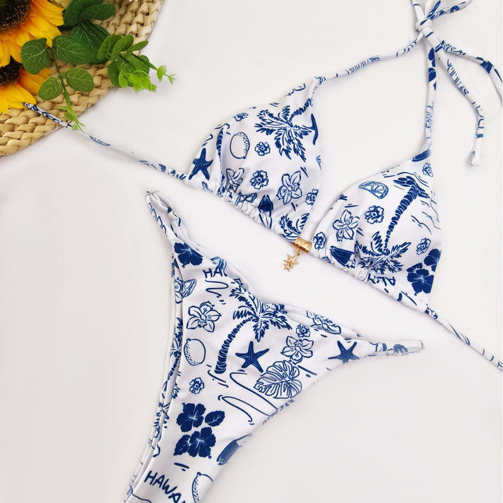 Dame triangel-bikini med blomsterdesign og justerbare stropper Skovae