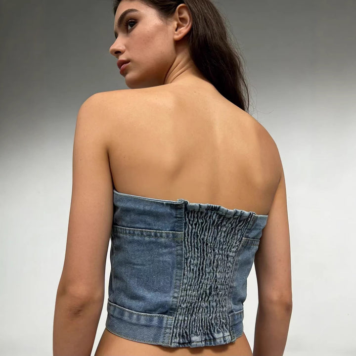 Dame Denim Bustier-overdel med knapdetaljer og figursyet snit Skovae