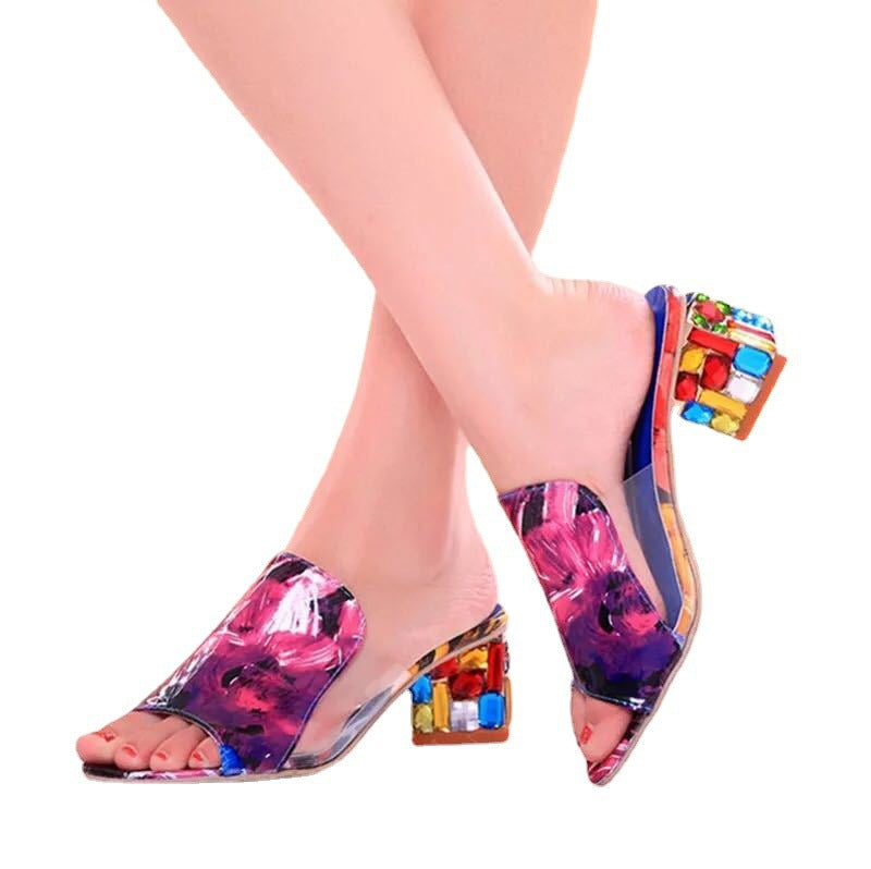 Dame sandaler med farverig blokhælhøj og transparent design Stilla