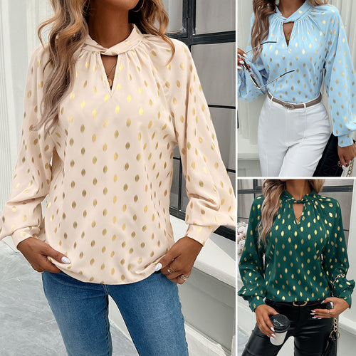 Dame elegant bluse med gyldne prikker og moderne puffærmer Stilla