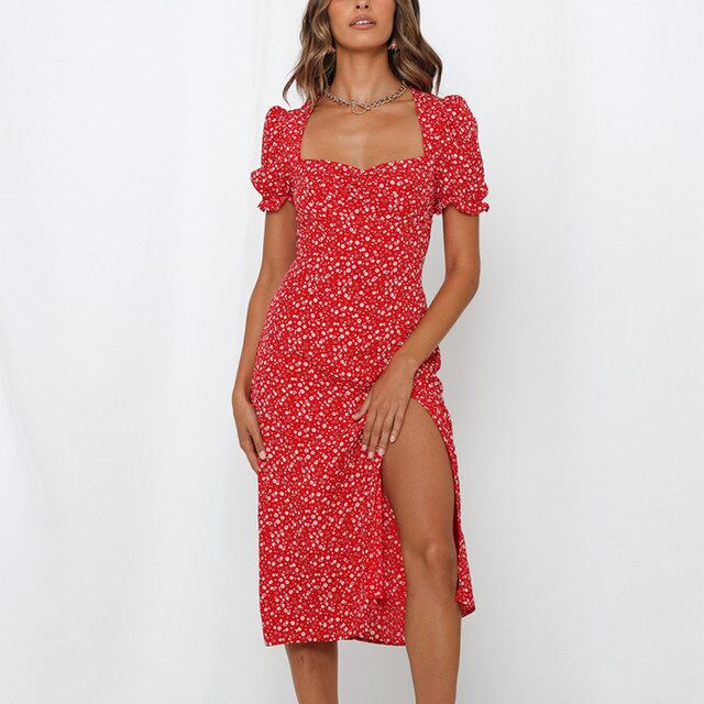 Dame midi kjole med blomstermotiv og sideslids Stilla