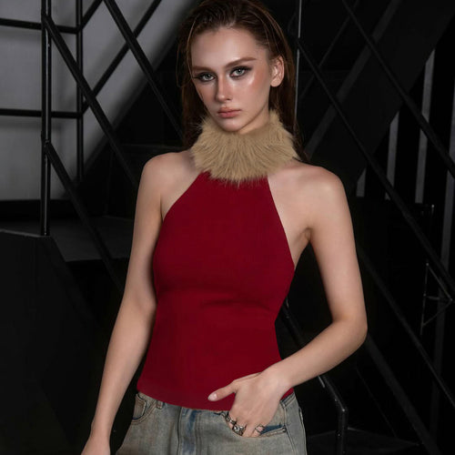 Damen elegantes langes Abendkleid mit raffiniertem Halter-Design und luxuriösem Kunstfellkragen Skovae