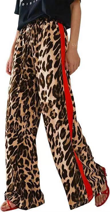 Dame afslappet bred buks med leopardmønster og kontraststriber Stiila
