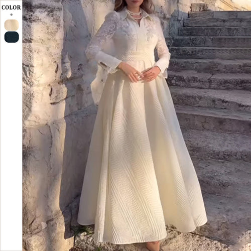 Dame Elegant Maxikjole med fine spidsærmer og klassisk krave Stilla