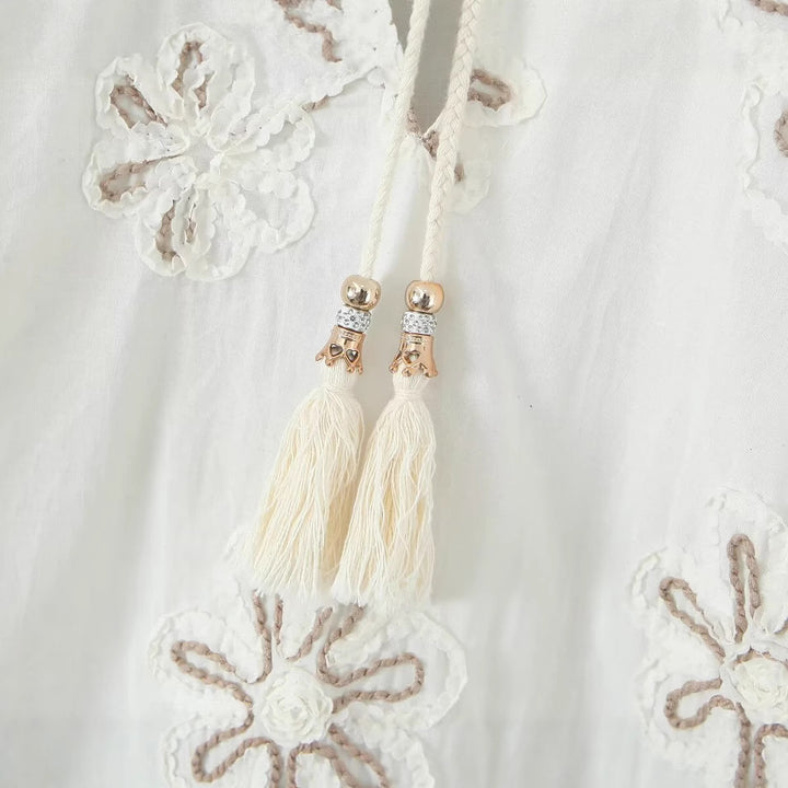 Damer Elegant Broderet Bluse med Flæser Stilla