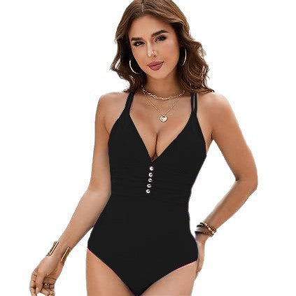 Dame one-piece badeshorts med dyb V-udskæring og mode knapdetaljer Skovae