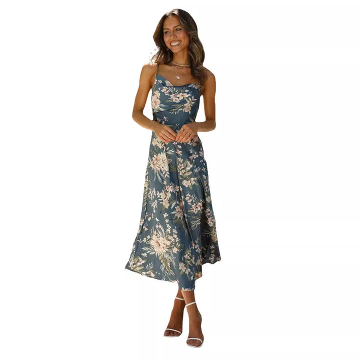 Dame Floral Satin Maxikjole med Slids Stilla