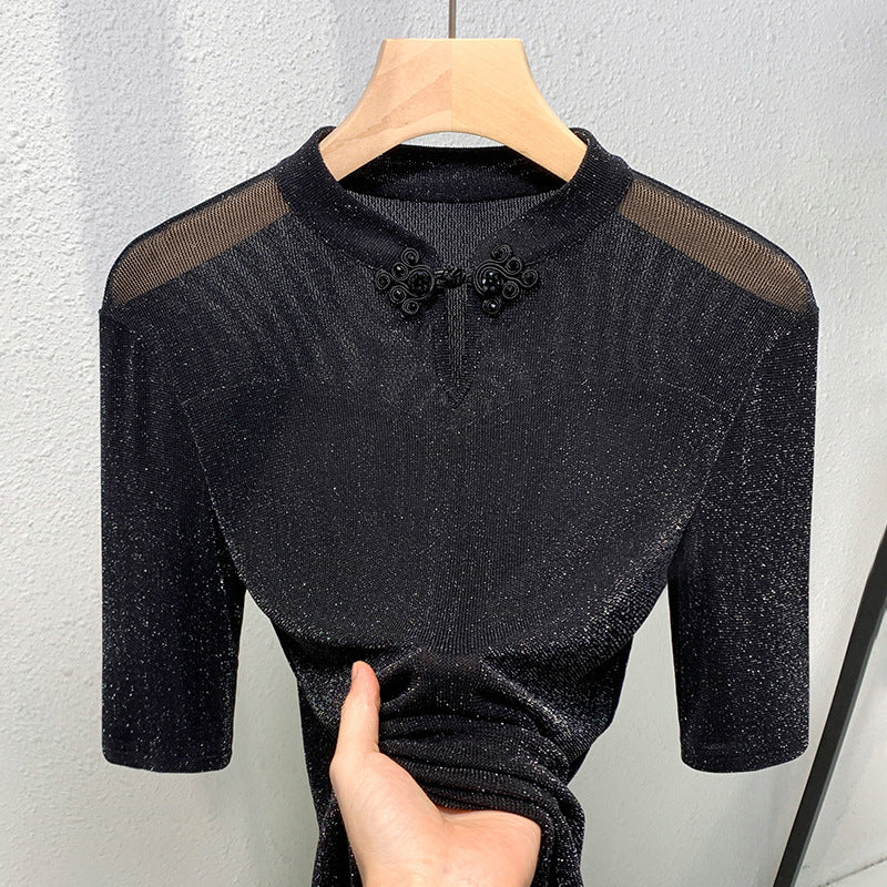 Dame kortærmet shirt med elegant blonde og glamorøs glimmertekstur Stilla
