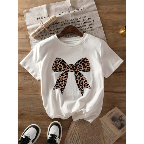 Dame T-shirt med elegant leopardmønster sløjfemotiv Stilla