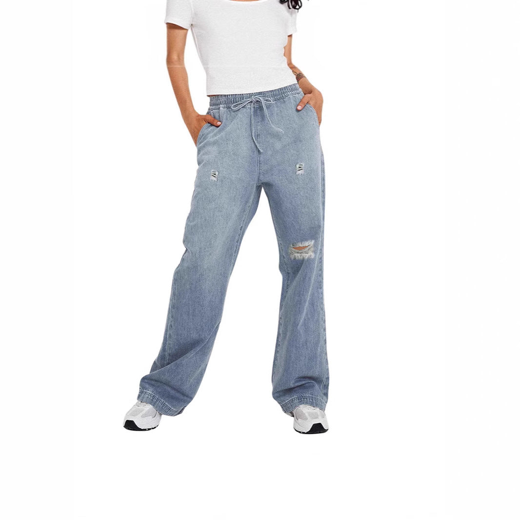 Dame casual loose denim pants with elastic waistband Skovae