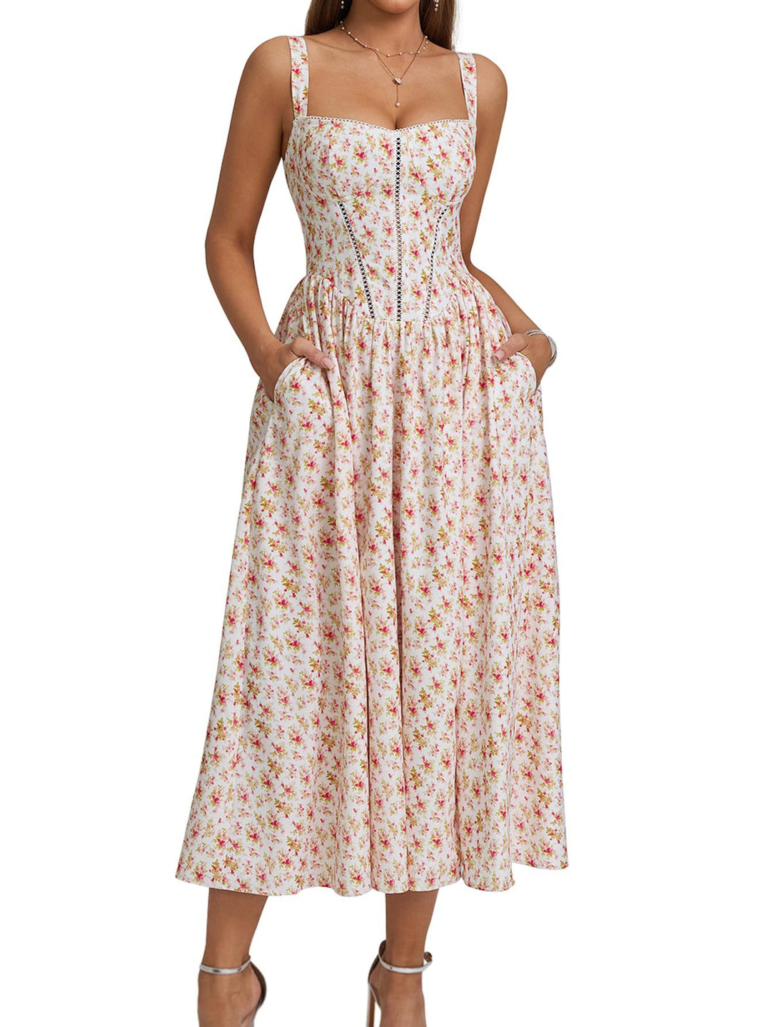 Dame Midi-kjole med foret bustier-snit og praktiske lommer Stilla
