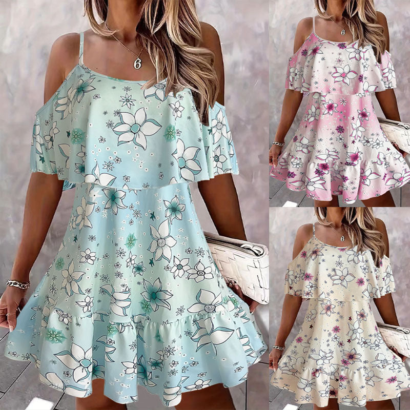 Dame Floral Off-Shoulder Rüschen Mini Kjole Stilla