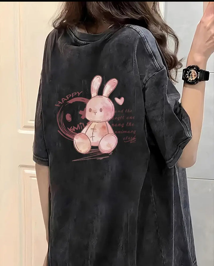 Dame T-Shirt med kreativ kaninmotiv og afslappet oversized-snit Stilla