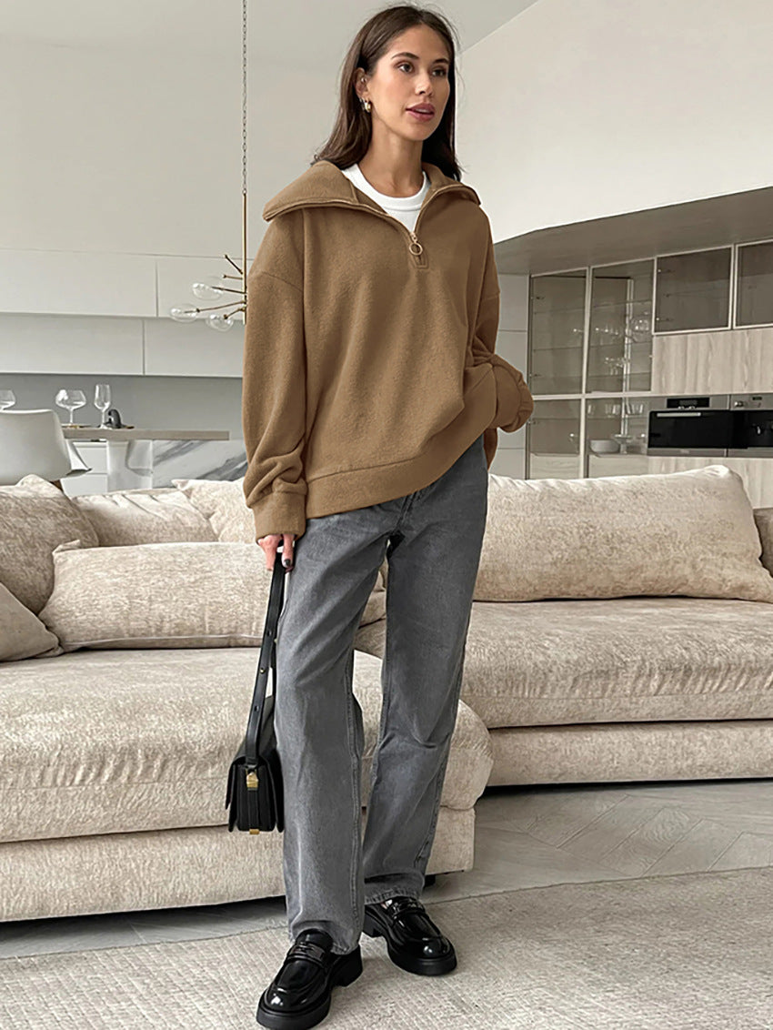 Dame hyggelig fleece-pullover med høj krave og lynlås Stilla