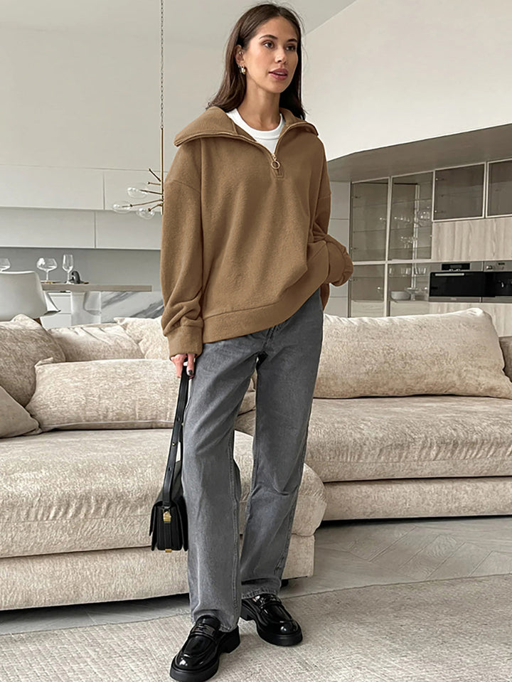 Dame hyggelig fleece-pullover med høj krave og lynlås Stilla