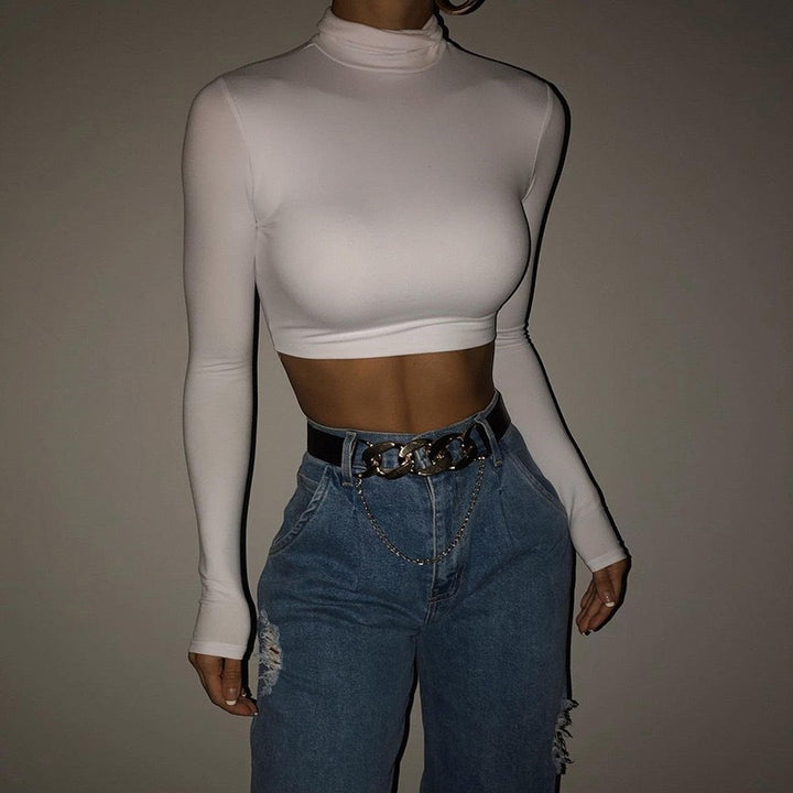 Damer Høj kvalitets langærmet Crop-Top med høj hals Skovae