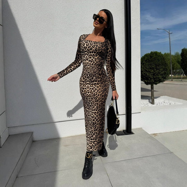Dame Langærmet Leopardtryk Bodycon Maxi Kjole Stilla