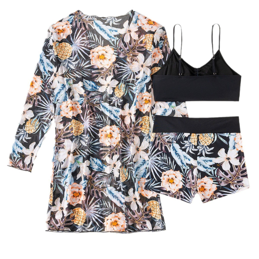 Dame Sommer Sæt med floral Kimono, sporty Bikini-top og Shorts Stilla