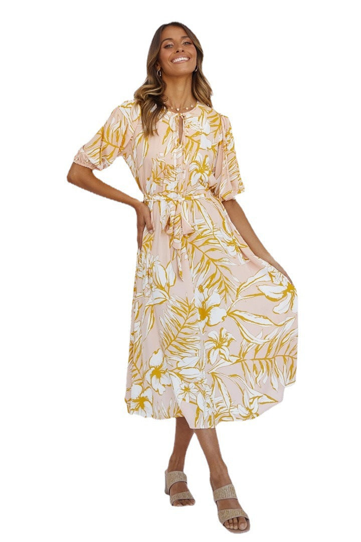 Femme Elegante Floral Midi Kjole med Bælte Talje Stilla
