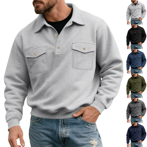 Herren nan Polokrave Sweatshirt med påsyede brystlommer og ribbede manchetter Skovae