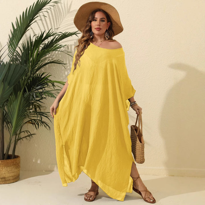 Dame sommerkjole i afslappet kaftan-stil med åben skulderparti Stilla