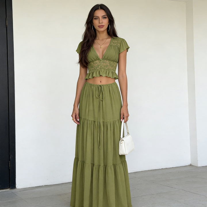 Dame Casual Maxi Kjole med elegant rynkning og cropped top Skovae