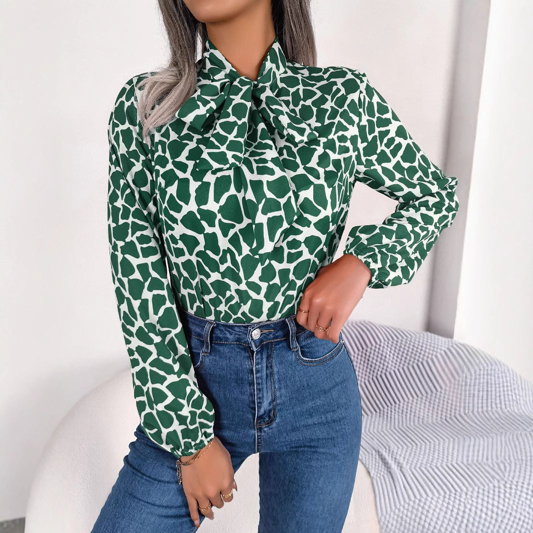Damer Elegant Bluse med Sløjfe Krave og Dyreprint Stilla