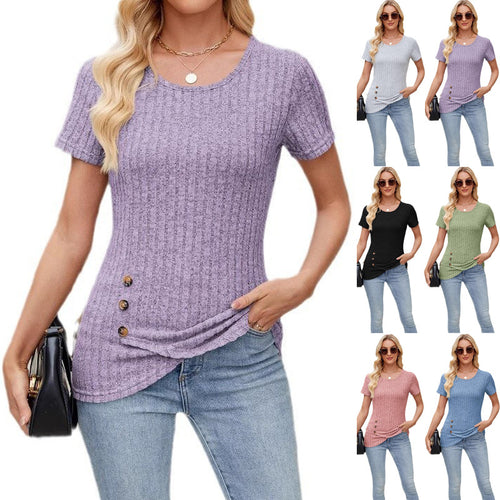 Dame struktureret T-shirt med dekorative knapdetaljer Stilla