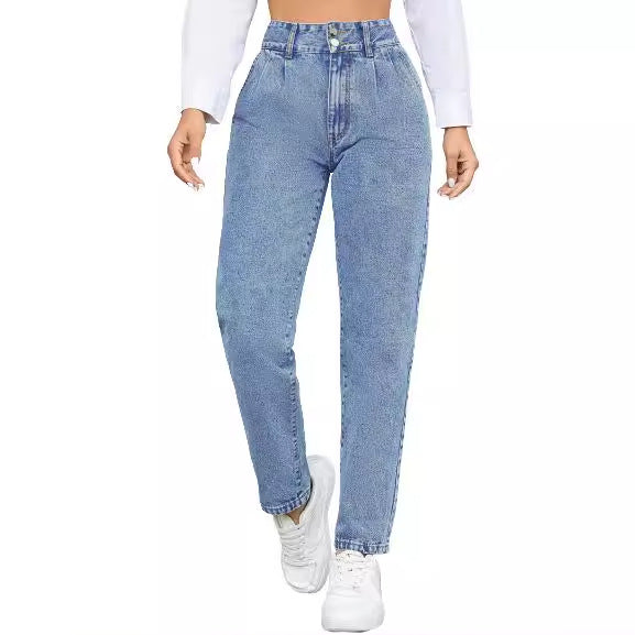 Kvindernes Højtaljede Boyfriend Jeans med Klassisk Snit og Knapdetaljer Stilla