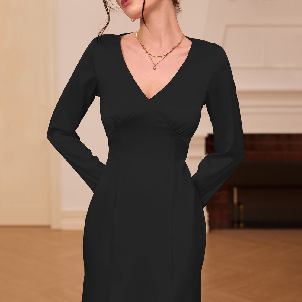 Damer elegant midi kjole med V-hals og lange ærmer Stilla