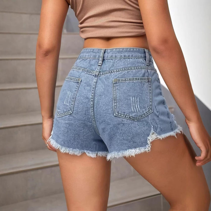 Dame mode ødelagte denim-shorts med frynset kant Skovae