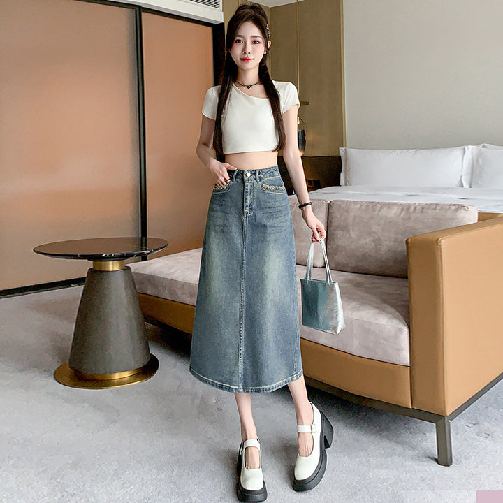 Kvinders denim midi nederdel med flared kant Stilla