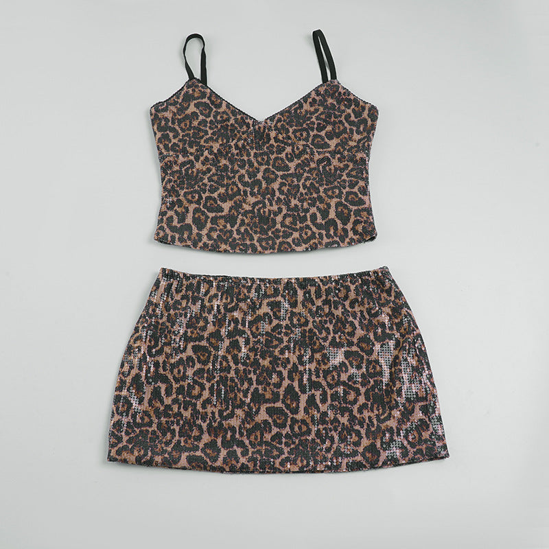 Dame Crop-Top og Minirok sæt med leopardmønster og glitrende detaljer Skovae