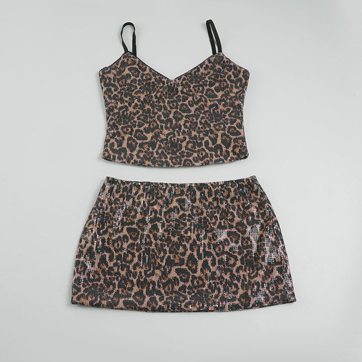 Dame Crop-Top og Minirok sæt med leopardmønster og glitrende detaljer Skovae
