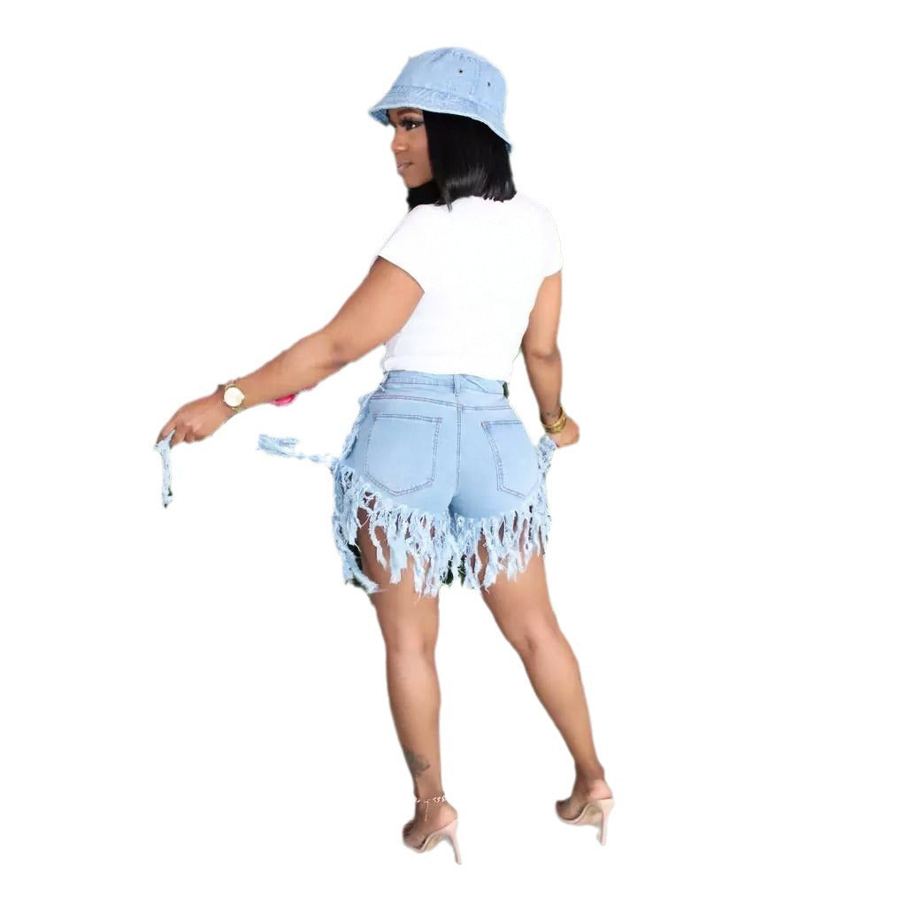 Dame komfortable distressed denim shorts med frynset detaljer og høj talje Stilla