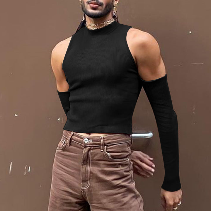 Unisex nan kort ribstrik-overdel med aftagelige armwarmer og skulderfri indsatser Skovae