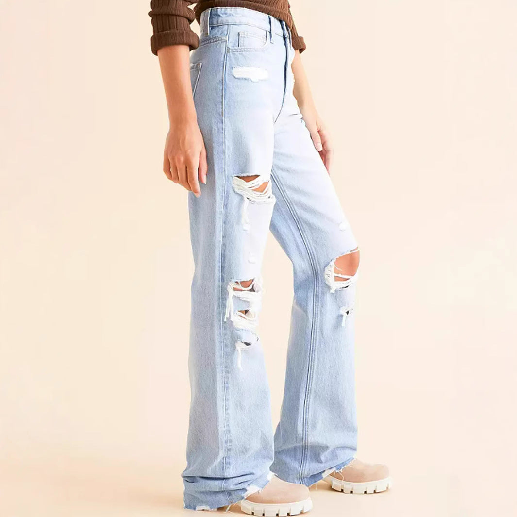 Dame Bred Ødelagte Jeans i afslappet Vintage-stil med høj talje Stilla