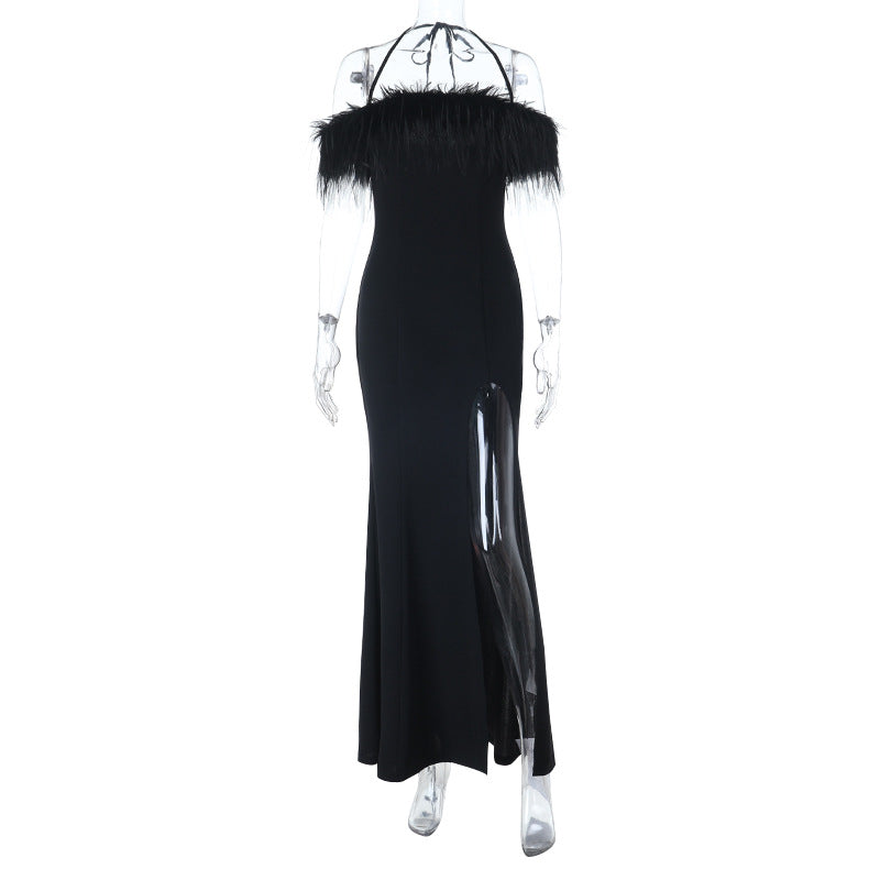 Dame off-shoulder maxikjole med fjer og sideslids Skovae