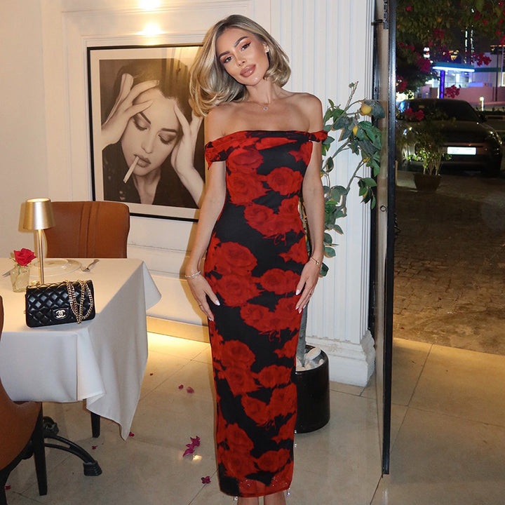 Dame Off-Shoulder Floral Bodycon Maxikjole Stilla