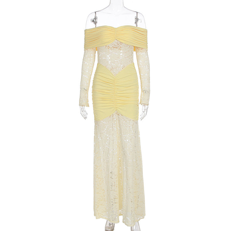 Damer Elegant Spids-Maxikjole med elegant Off-Shoulder Design og Rynker Skovae