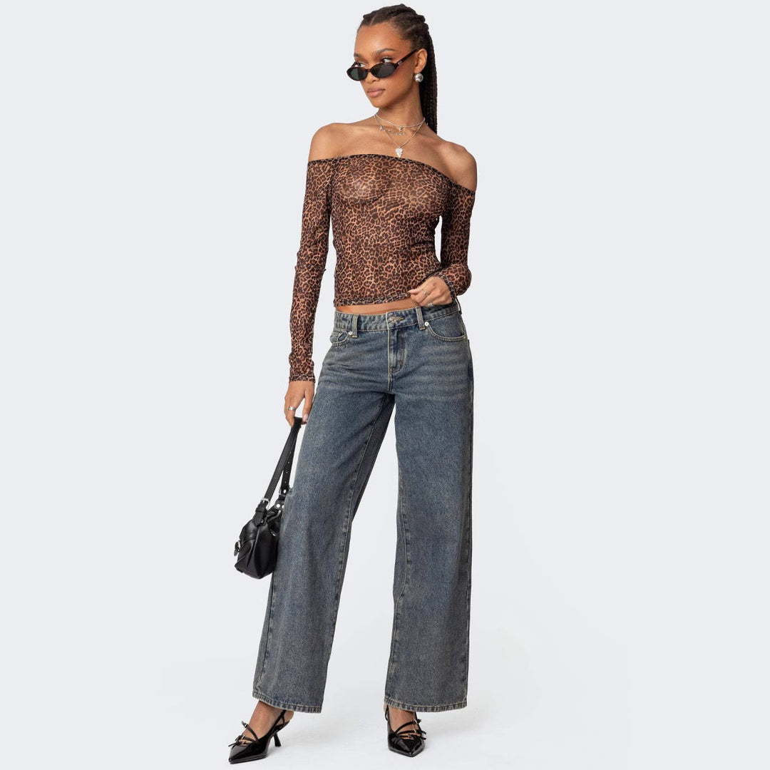 Dame Elegante Off-Shoulder Top med trendy Animal-Print-design Stilla