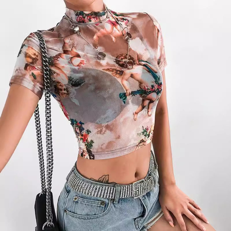 Dame Højhalset Crop-top med romantiske Engelmotiver Skovae