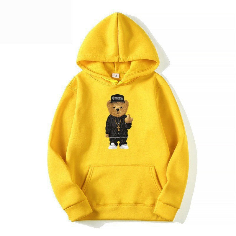 Kvinders hoodie med kunstnerisk bjørnedesign og kængurulomme Skovae