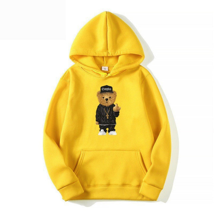 Kvinders hoodie med kunstnerisk bjørnedesign og kængurulomme Skovae