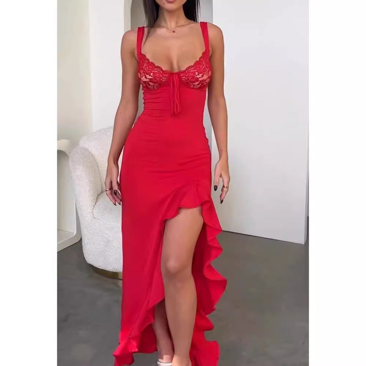 Damer Elegant Maxi Kjole med Blonde Korsage og Asymmetrisk Kant Skovae